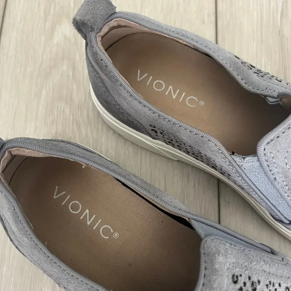 Vionic 'Kimmie' Women's 7.5 Perforated Slip On Sneaker Gray Suede Comfort Shoe